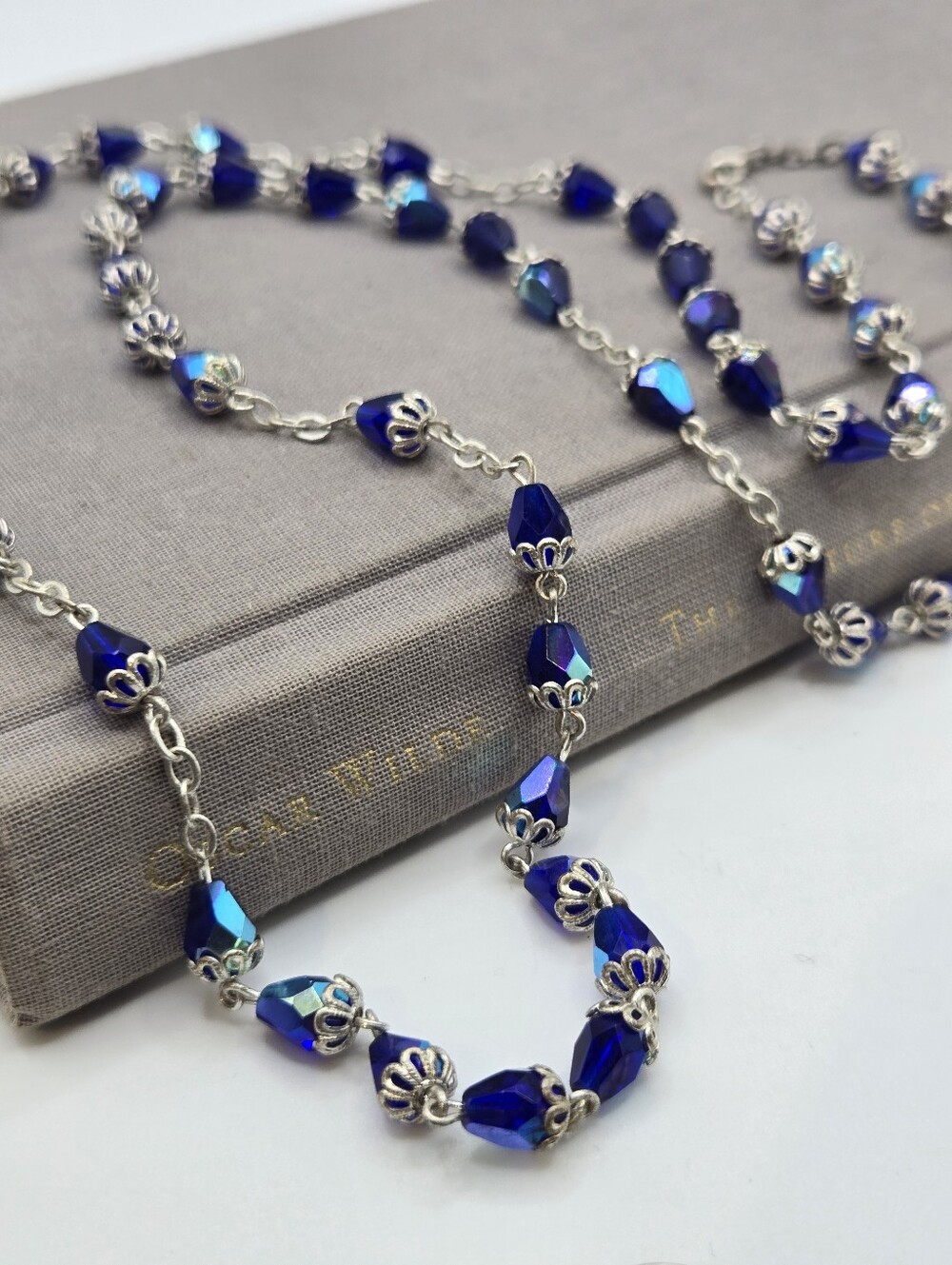 Rosary Necklace AB Peacock Blue Victorian Aesthetic (No Cross) Silvertone